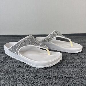 Skechers Luxe Foam Flip Flops White Silver Beaded Platform Sandals 8